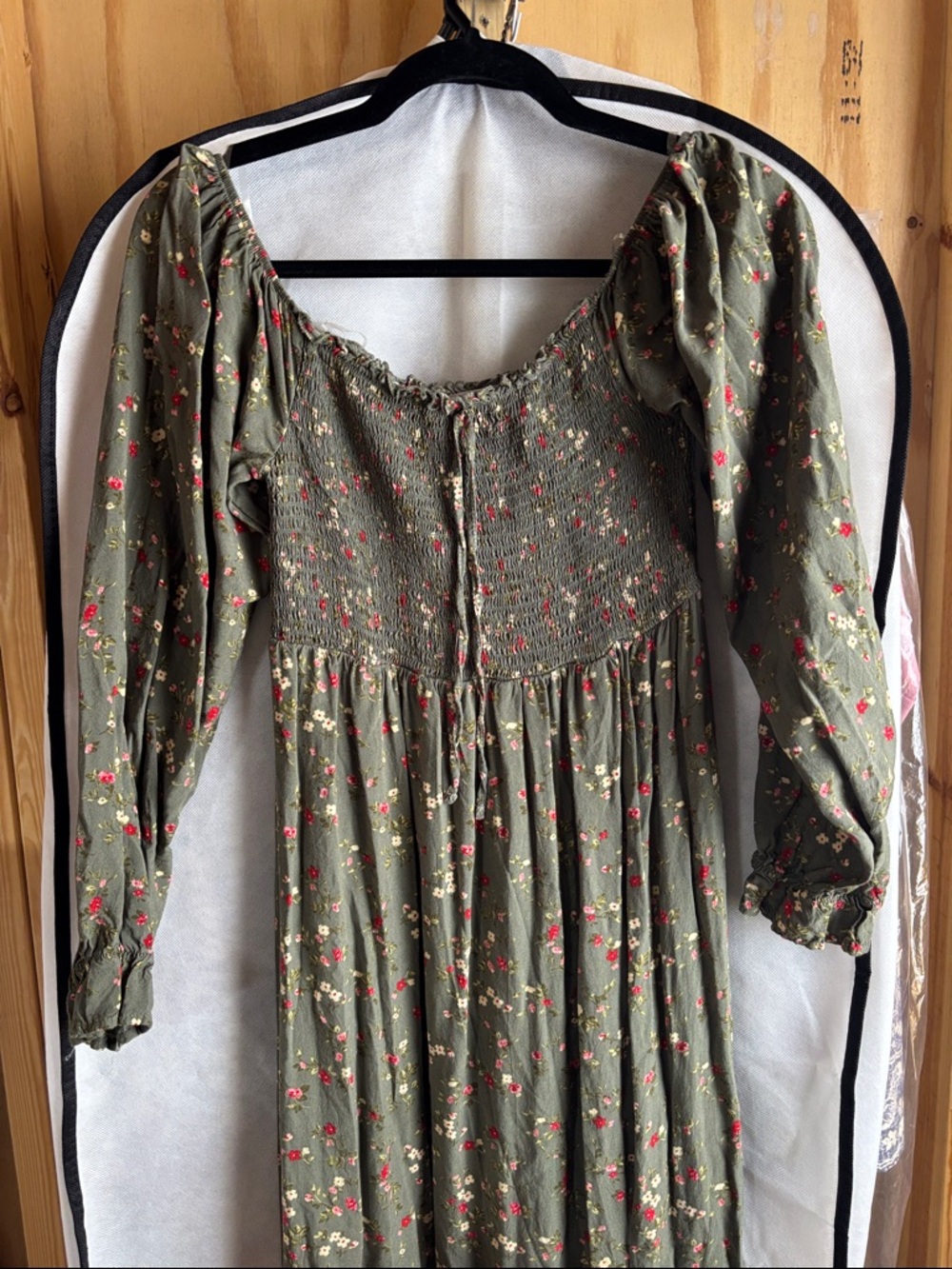 Justify Olive Green Floral Maxi Dress with Red and Cream Blossoms